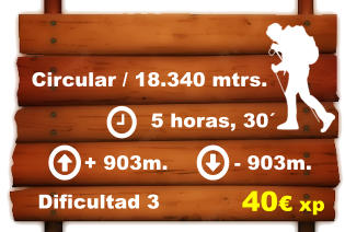 Circular / 18.340 mtrs.     5 horas, 30´ + 903m. - 903m.  Dificultad 3 40€ xp