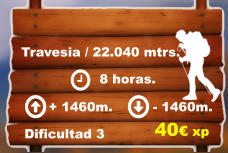 Travesia / 22.040 mtrs.     8 horas. + 1460m. - 1460m.  Dificultad 3 40€ xp